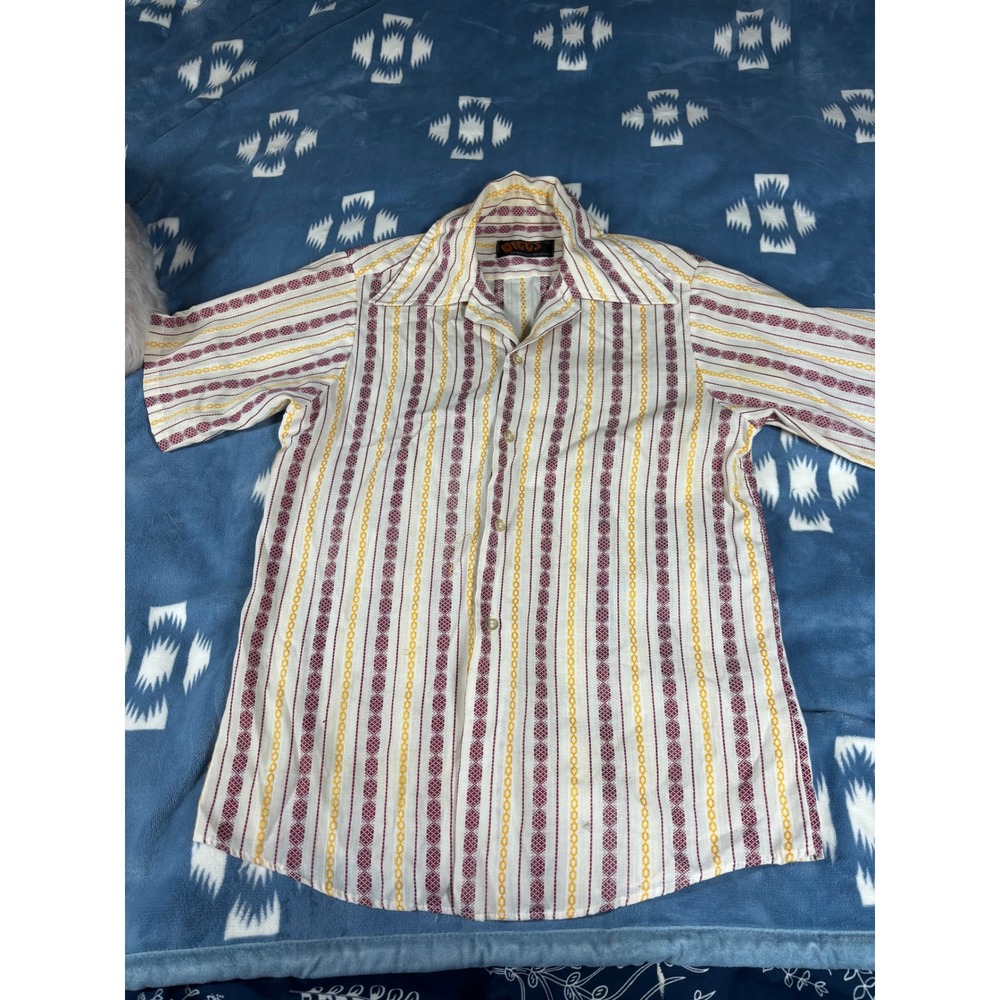 Diggs Vintage Short Sleeve Button Down Shirt Burgundy Yellow Stripe Size 16